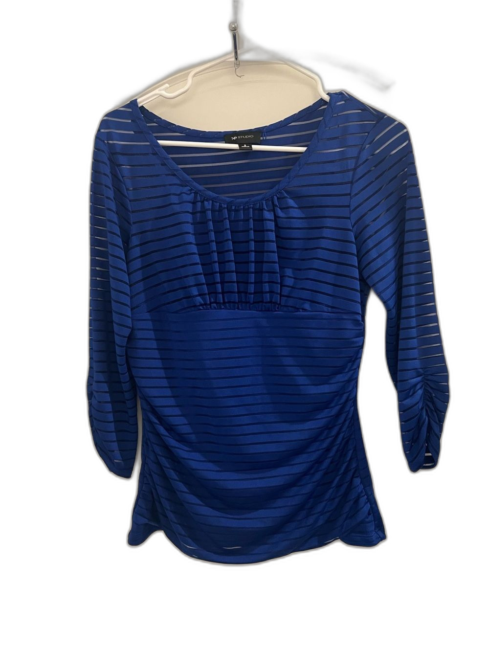 AB Studio Blue Striped Sheer Ruched Top Size S